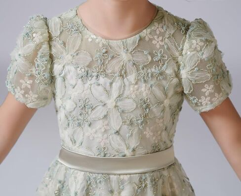 dideyttawl Girls Dress A-Line 3D Embroidery Tulle Flower Appliqued Satin Bow Tie Belt High-Waisted Elegant Full Length Dress in Kuwait