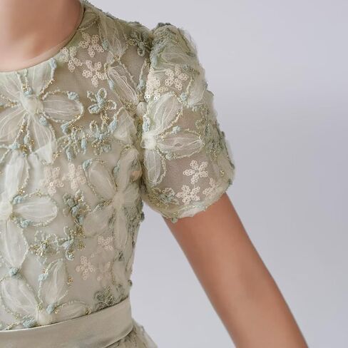 dideyttawl Girls Dress A-Line 3D Embroidery Tulle Flower Appliqued Satin Bow Tie Belt High-Waisted Elegant Full Length Dress in Kuwait