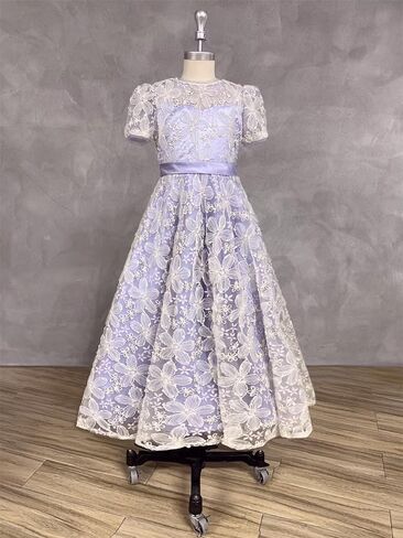 dideyttawl Girls Dress A-Line 3D Embroidery Tulle Flower Appliqued Satin Bow Tie Belt High-Waisted Elegant Full Length Dress in Kuwait
