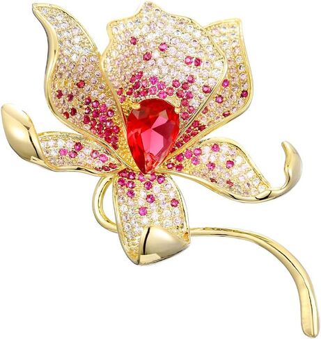 Stunning Handmade Lily Brooch in 14K Gold with Crystal Encrusted, Luxurious Moissanite Botanical Floral Corsage, Ideal Botanical Theme Shawl Accessory in Saudi Arabia