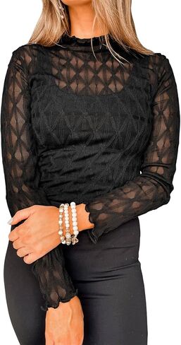 miduo Womens Mesh Sheer Lace Layering Top Mock Neck Long Sleeve See Through Shirt Blouses Tops in Kuwait