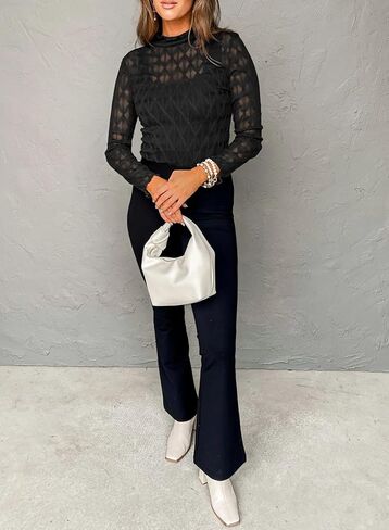 miduo Womens Mesh Sheer Lace Layering Top Mock Neck Long Sleeve See Through Shirt Blouses Tops in Kuwait