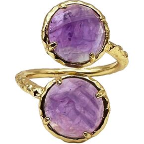 Natural Amethyst Ring, Purple Amethyst Rings for Women, Bezel Set Double Stone Solitaire Round Gemstone Stackable Ring Jewelry