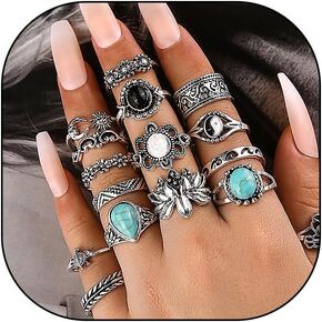 Boho Turquoise Ring for Women Silver Western Stackable Knuckle Rings Vintage Cactus Flower Midi Finger Ring Statement Jewelry Gifts