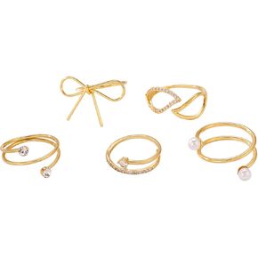 Rrdaily Gold Stackable Open Knuckle Rings Set for Women Boho Spiral Zircon Pearl Bowknot Rings Trendy Midi Joint Finger Nail Rings Stuff Birthday Jewelry Gifts
