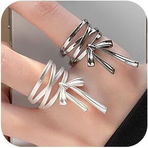 2Pcs Bow Rings for Women Black Silver Ribbon Bowknot Statement Rings Elegant Sweet Wide Rings Adjustable Open Ring Fashion Intertwined Crossover Stacking Rings Cute Christmas Birthday Gift