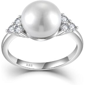 10 mm Cultured Fresh Water Pearl Ring & Cubic Zirconia Ring 925 Sterling Silver Statement Ring for Women Size 5-10