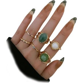 Rrdaily Stackable Gold Rhinestone Rings Set for Women Vintage Natural Gemstone Knuckle Rings Lucky Thumb Joint Finger Rings Jewelry Accessories