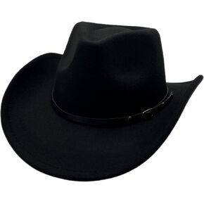 Classic Western Cowboy Hat Cowgirl Hat Unisex Men's & Women's Wide Brim Felt Fedora Hat Flat Top Hat with Buckle Belt