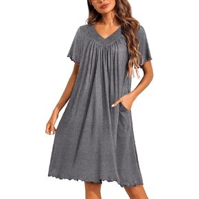 Ekouaer Women's House Dress with Pockets Moo Moo Nightgown V Neck Sleepwear Pleated Floral Print Mumu Dress