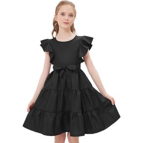 Girls Summer Dress Ruffle Sleeve Tiered Swing A-Line Flared Skater Party Dress with Pockets 5-14T