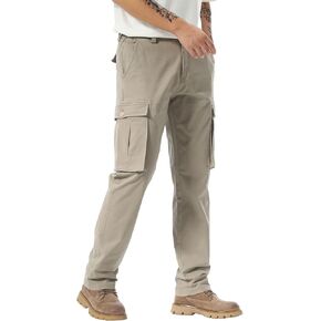Plaid&Plain Men's Straight Fit Stretch Twill Cargo Pants with 6 Pockets and Elastic-Waist