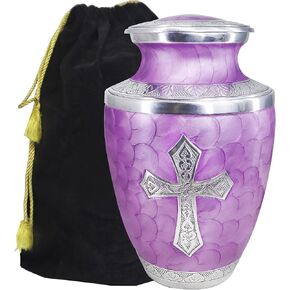 M MEILINXU Crosses Urn for Ashes for Woman & Male, Cremation Urns for Human Ashes Adult Female or Man, Burial, Decorative Urns for Funeral, Silver Cross Urns & Religion Urn, Purple Urns - Large