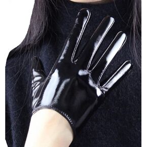 DooWay Black Latex Women Short Gloves 6" 16cm Shine PU Leather Faux Patent Everyday Fashion Warm Gloves