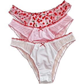 MakeMeChic Women's Plus Size 3 Pack Mesh Graphic Print Underwear Lettuce Trim Bow Front Comfy Thongs Panties