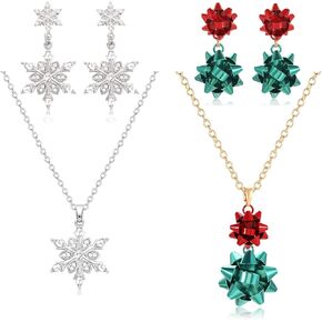 BVGA Christmas Necklace Earrings Sets Snowflake Gift Bow Pendant Necklace Dangle Earrings Set for Women Winter Holiday Jewelry Set