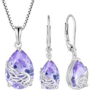 Guardian Angel Wing Jewelry Set 925 Sterling Silver Pear Cut Alexandrite June Birthstone Necklace Earrings Teardrop Jewelry Gifts for Women