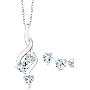 Gem Stone King 2.21 Cttw Heart Shape Sky Blue Aquamarine 925 Sterling Silver Pendant Earrings Set For Women | Heart Shape 6MM and 4MM | Gemstone Birthstone | With 18 Inch Chain