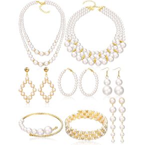 BBTO 8 Pcs Pearl Necklace and Earrings Set for Women Pearl Jewelry Set Faux Pearl Necklace Earrings Simulated Pearl Bracelets(Modern Style)
