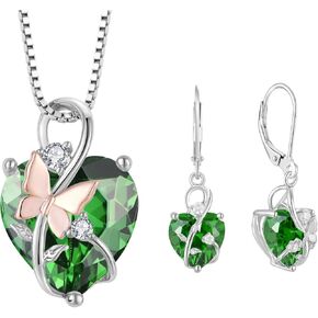 Butterfly Heart Necklaces and Earrings Jewelry Set for Women, 925 Sterling Silver Cubic Zirc for Women, 925 Sterling Silver Cubic Zirconia Birthstone Pandent, Anniversary Birthday Gifts for Her