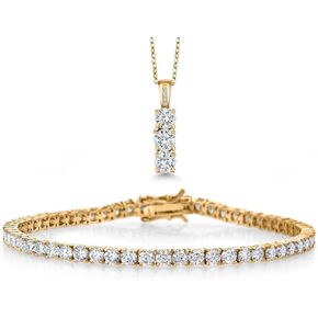 Gem Stone King 18K Yellow Gold Plated Silver White Moissanites Tennis Bracelet and Pendant Necklace for Women (7.45 Cttw, Color G-H, Round 5MM and 3MM, 7.25 inch, 18 Inch Chain)