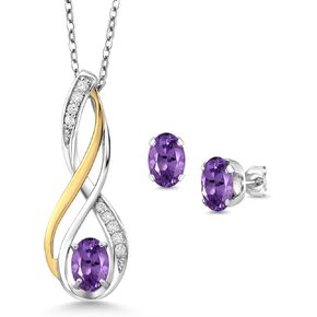 Gem Stone King 925 Silver and 10K Yellow Gold Oval 6X4MM Gemstone Birthstone and White Lab Grown Diamond Pendant and Earrings Jewelry Set For Women | With 18 Inch Chain