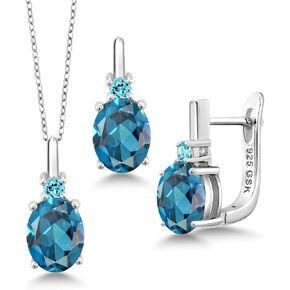 Gem Stone King 6.83 Cttw London Blue Topaz and Swiss Blue Topaz Pendant Earrings Set For Women Set In 925 Sterling Silver | Gemstone Birthstone | With 18 Inch Chain