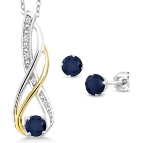 Gem Stone King 925 Sterling Silver and 10K Yellow Gold Blue Sapphire and White Diamond Pendant and Earrings Jewelry Set For Women (1.12 Cttw, Gemstone Birthstone, with 18 Inch Chain)