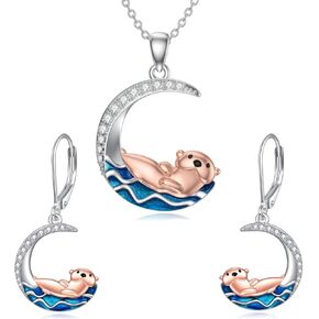 YFN Otter Jewelry Set Sterling Silver Sea Otter Necklace and Otter Earrings Otter Jewelry for Women Girls Otter Gifts for Otter Lovers