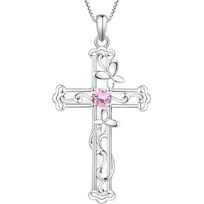 YL Butterfly Cross Necklace Sterling Silver Leaves Pendant Gemstones Crucifix Jewelry