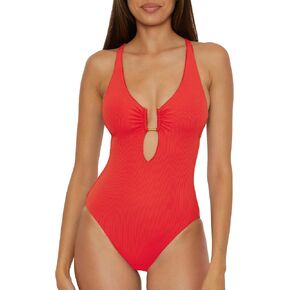 BECCA Women's Modern Edge One Piece Swimsuit, Plunge Neck, Adjustable, Tie Back, Bathing Suits