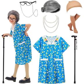 Old Lady Costume for Kids, 100 Days of School Costume Old Lady Wig for Girls, Halloween Grandma Costume Dress Up
