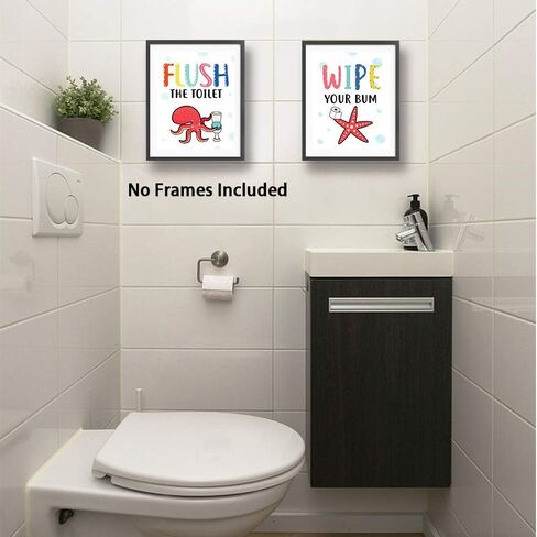 Funny Colorful Bathroom Ocean Life Quotes Art Print, Wash Splash Flush Brush Bathroom Canvas Wall Art Printing, Pufferfish Shark Whale Octopus For Kids Washroom Decor, Set of 4 (8"X10"), No Frame in Saudi Arabia