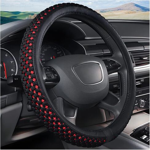 Elastic Stretch Car Steering Wheel Cover, Universal 15 Inch Breathable Ice Silk Automotive Steering Wheel Cover Anti-Slip Odorless Easy Carry Suitable for All Seasons (Ice Silk Black/Red) in Saudi Arabia