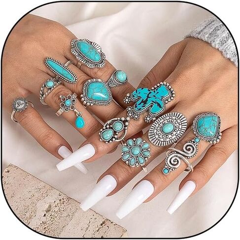 Boho Turquoise Ring for Women Silver Western Stackable Knuckle Rings Vintage Cactus Flower Midi Finger Ring Statement Jewelry Gifts in Saudi Arabia