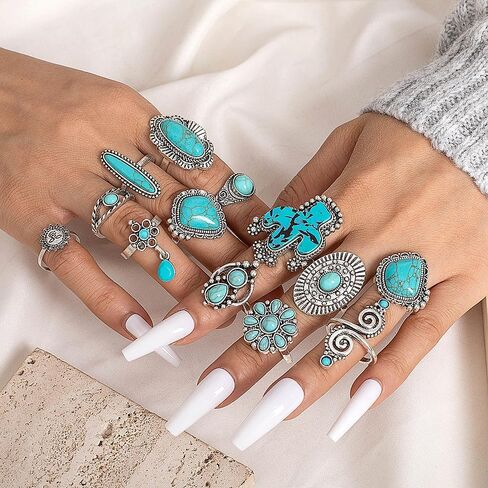 Boho Turquoise Ring for Women Silver Western Stackable Knuckle Rings Vintage Cactus Flower Midi Finger Ring Statement Jewelry Gifts in Saudi Arabia