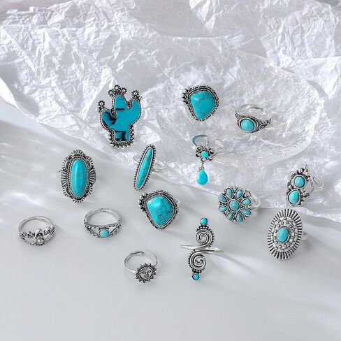 Boho Turquoise Ring for Women Silver Western Stackable Knuckle Rings Vintage Cactus Flower Midi Finger Ring Statement Jewelry Gifts in Saudi Arabia