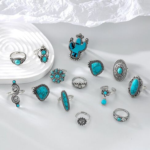 Boho Turquoise Ring for Women Silver Western Stackable Knuckle Rings Vintage Cactus Flower Midi Finger Ring Statement Jewelry Gifts in Saudi Arabia