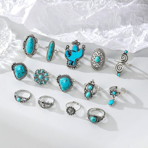 Boho Turquoise Ring for Women Silver Western Stackable Knuckle Rings Vintage Cactus Flower Midi Finger Ring Statement Jewelry Gifts in Saudi Arabia