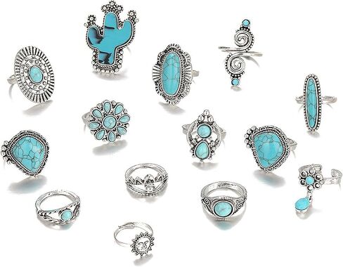 Boho Turquoise Ring for Women Silver Western Stackable Knuckle Rings Vintage Cactus Flower Midi Finger Ring Statement Jewelry Gifts in Saudi Arabia