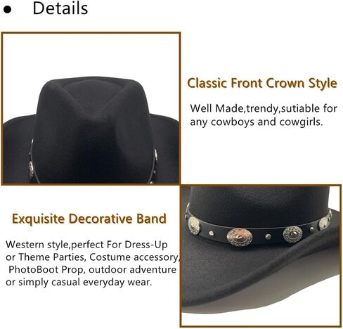Classic Western Cowboy Hat Cowgirl Hat Unisex Men's & Women's Wide Brim Felt Fedora Hat Flat Top Hat with Buckle Belt in Saudi Arabia
