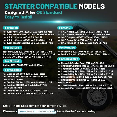17986 Starter Motor Fit for Chevrolet Impala Malibu Equinox for GMC Acadia Terrain for Buick Lacrosse Enclave for Cadillac SRX XTS 3.0L 3.6L V6 1.4KW 12-Teeth Automotive Replacement Starter in Saudi Arabia