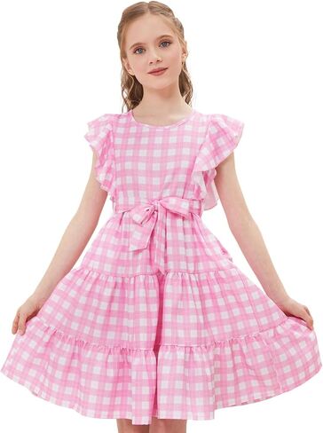Girls Summer Dress Ruffle Sleeve Tiered Swing A-Line Flared Skater Party Dress with Pockets 5-14T in Kuwait