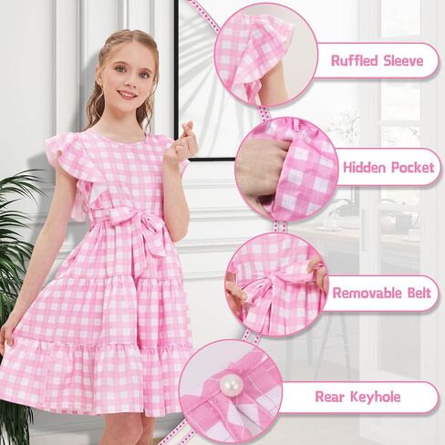 Girls Summer Dress Ruffle Sleeve Tiered Swing A-Line Flared Skater Party Dress with Pockets 5-14T in Kuwait