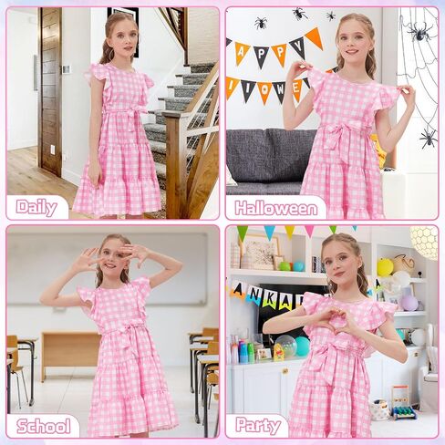 Girls Summer Dress Ruffle Sleeve Tiered Swing A-Line Flared Skater Party Dress with Pockets 5-14T in Kuwait
