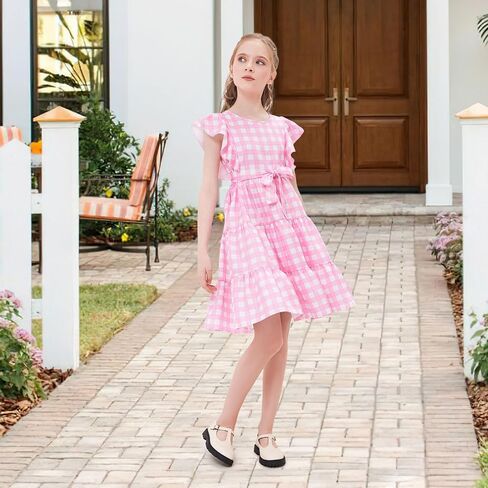Girls Summer Dress Ruffle Sleeve Tiered Swing A-Line Flared Skater Party Dress with Pockets 5-14T in Kuwait
