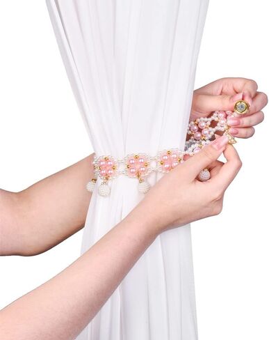 SUQ I OME 1 Pair of Magnetic Pearl Beaded Curtain Tieback, Pearl Curtain Tieback Holdback for Drapes, Pearl Crystal Sheer Window Curtain Holder Home Office Bedroom (White) in Saudi Arabia