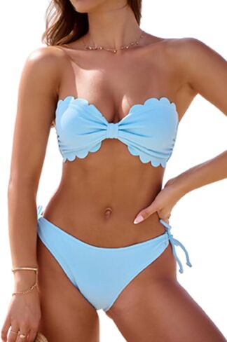 Rajputana Womens Wavy Edge Bandeau Bikini Strapless Tie Back Side String Bathing Suits Two Piece Swimsuit in Saudi Arabia