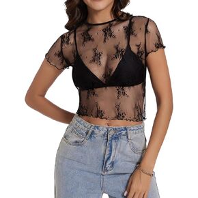 Womens Lace Mesh Long Sleeve Top Floral Sheer See Through Sexy Tops Mock Neck Shirts Party Club Night Blouses