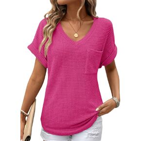 Dokotoo Womens Waffle Knit Tops 2025 Spring Summer V Neck Shirts Casual Trendy Women's Blouses Basic Tee